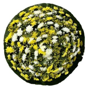 coroa de flores branca com amarela barata